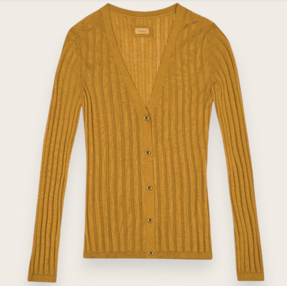 Aman Ribbed Cashmere Silk Cardigan XS Yellow Ochre Sweater Luxury Old Money